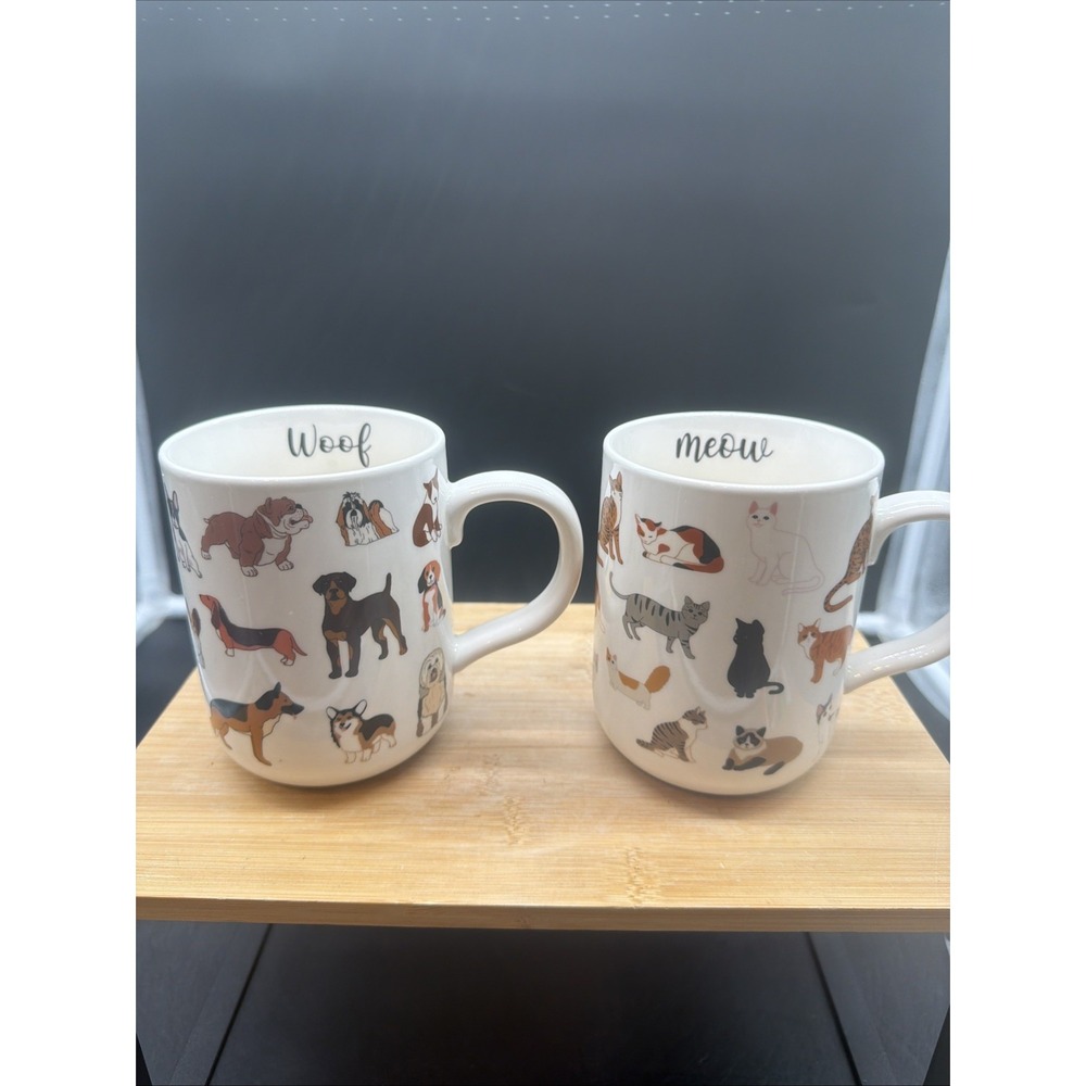 2 Mainstays White Brown with Dog & Cat Breeds All Over Coffee, Tea Mugs 16 oz